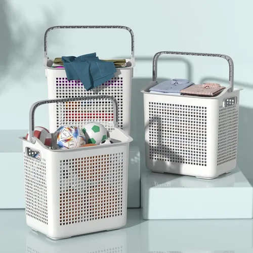 Miniatura 7 de Juego de 4 cestas grandes para ropa sucia con asas, cestas de plástico para ropa sucia, color blanco