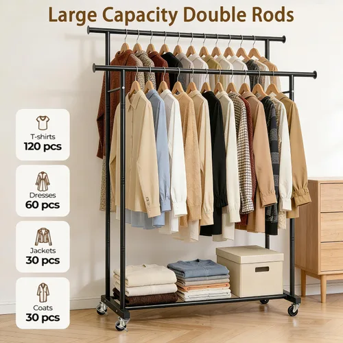 Miniatura 3 de Perchero de doble barra para colgar ropa, portátil, con ruedas, perchero de metal resistente con estantes dobles para dormitorio, lavandería, sala