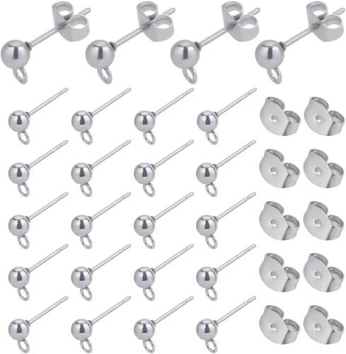 Miniatura 9 de SUNNYCLUE 1 caja, 80 unidades, 20 pares de aretes de bola, aretes de acero inoxidable 304 con lazo de 0.157 pulgadas para hacer joyas, accesorios