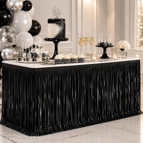 Miniatura 17 de Faldas de mesa de oropel de papel metálico con flecos para mesas rectangulares, cortinas de serpentina, telón de fondo para cumpleaños, boda