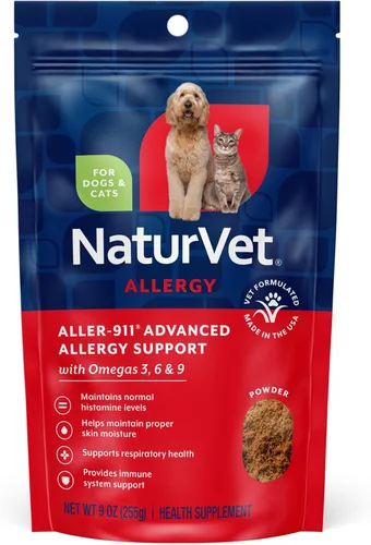 NaturVet Aller-911 Advanced Allergy Aid Fórmula en polvo más antioxidantes para perros y gatos, polvo de 9 onzas, fabricado en los Estados Unidos