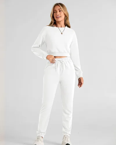 Miniatura 76 de BTFBM Conjunto deportivo de 2 piezas para mujer, camiseta corta de manga larga, sin botones, pantalón con cordón ajustable, pantalones deportivos