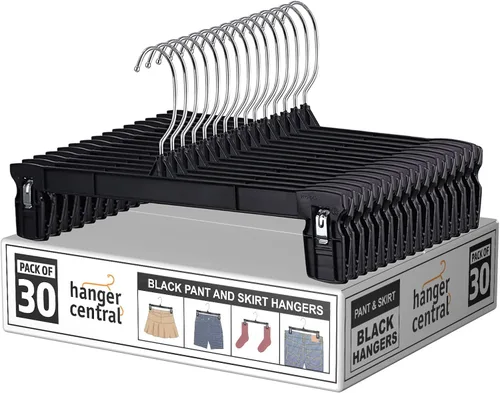 Miniatura 9 de Paquete de 12 perchas para pantalones - Perchas delgadas de plástico resistentes de 12 pulgadas con clips para faldas, pantalones, pantalones cortos