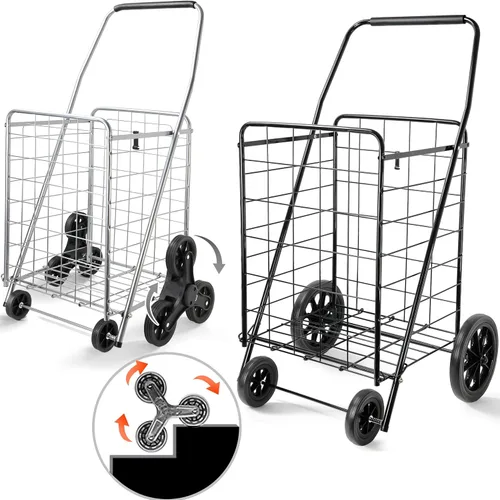 Miniatura 10 de Wellmax Carrito de comestibles plegable con ruedas, carrito utilitario de metal resistente con parte inferior de malla, cesta trasera adicional