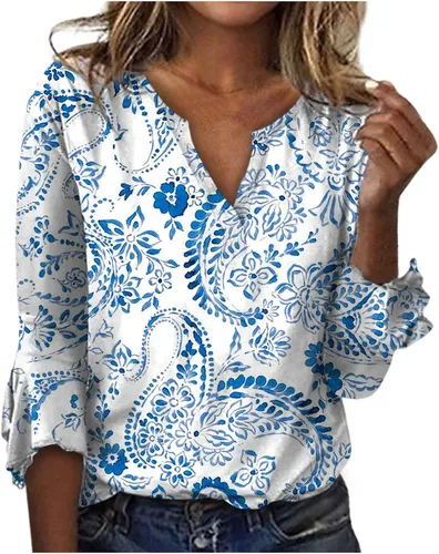 Stessotudo Women Casual 34 Sleeve Shirts V Neck Flutter Sleeve Loose Comfy Blouse Gradient Floral Summer Fashion Tops 2023