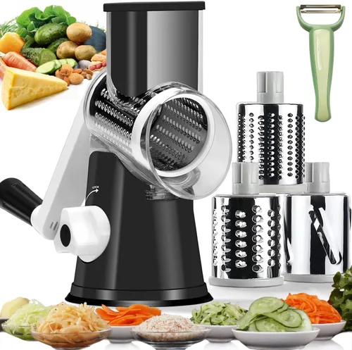 Miniatura 8 de Rallador de queso giratorio manual, 5 cuchillas intercambiables, mandolina redonda, trituradora de verduras, trituradora de tambor, picadora de Verde