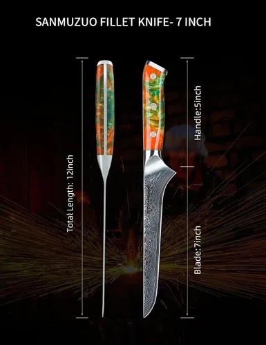 Miniatura 4 de Cuchillo de filete de 7 pulgadas, VG10 Damasco cuchillo para deshuesar peces con mango de resina - Serie Xuan (naranja fantasía)