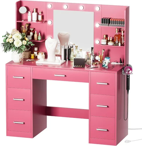 Miniatura 7 de VICTONE Escritorio de tocador con espejo iluminado LED y toma de corriente, 3 modelos de luces, mesa de tocador de maquillaje con 7 cajones y 6