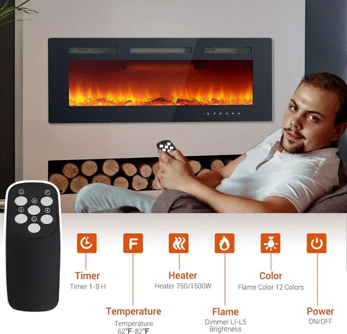 Miniatura 4 de Insertos de chimenea eléctrica de 40 pulgadas – Chimeneas montadas en la pared de marco ultra estrecho de 1500/750 W con 3 modos de calefacción, 12