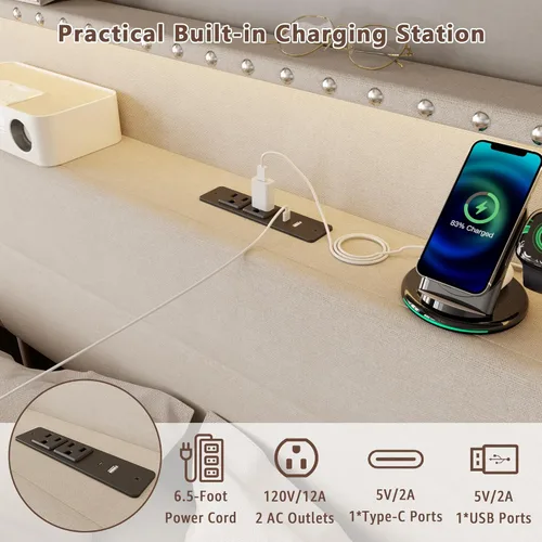 Miniatura 6 de Forestell Base de cama Queen con 4 cajones y cabecera de almacenamiento, base de cama tapizada tamaño Queen con luces LED y estación de carga, Beige