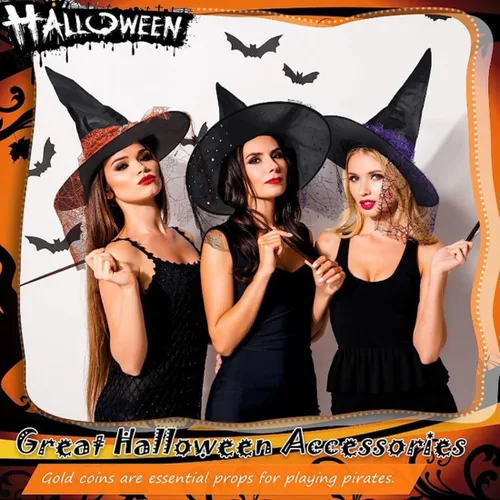 Miniatura 3 de Sombrero de bruja de Halloween para mujer, sombrero puntiagudo con velo, accesorio para disfraz de bruja de carnaval, fiesta de disfraces
