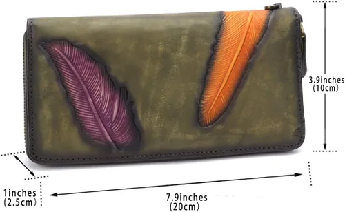 Miniatura 3 de Cartera de cuero genuino con cremallera alrededor de la muñeca bolso largo vintage en relieve de piel de vaca capacidad embrague hecho a mano