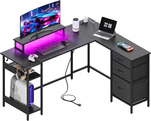 Miniatura 10 de DEVAISE Escritorio para juegos en forma de L de 48 pulgadas con cajones y almacenamiento, escritorio de esquina con luces LED, tomas de corriente
