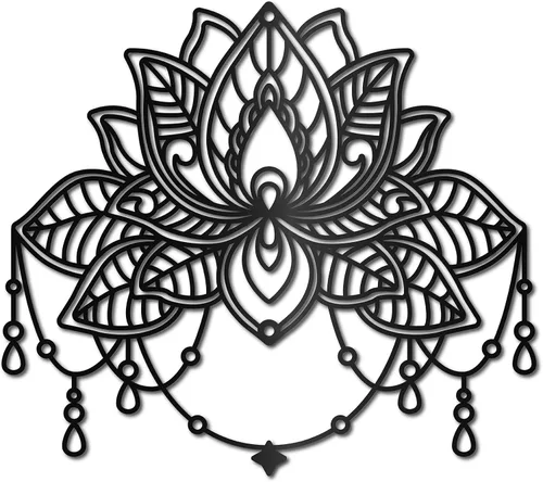 Miniatura 8 de CREATCABIN Arte de pared de loto de metal con diseño de luna y flores, adornos negros, letreros para decoración de pared, escultura colgante