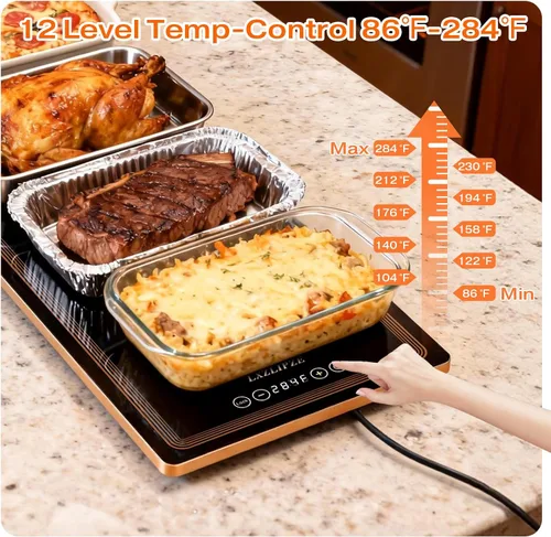 Miniatura 4 de Bandeja de calentamiento eléctrica para bufés de fiesta (51 x 12 pulgadas) Tapete de calentamiento de alimentos con 12 ajustes de temperatura