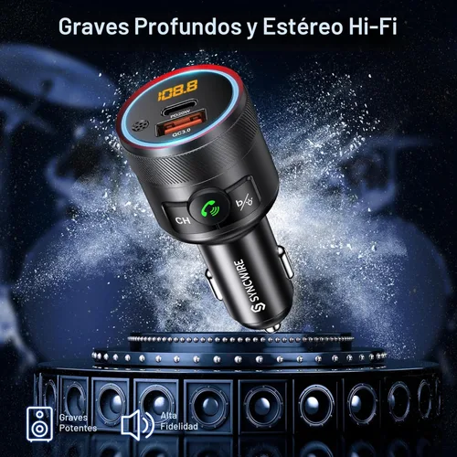 Miniatura 3 de Syncwire Transmisor FM Bluetooth 5.4 para coche, 38 W PD y QC3.0 Dual USB Carga Bluetooth Adaptador de coche Micrófono y sonido de graves MP3 Negro