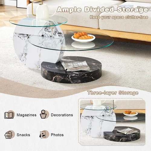 Miniatura 4 de Mesa de café de 35" de vidrio ｜ Mesa de café redonda ｜ Diseño de 3 niveles con superficie de vidrio templado ｜ Base de madera en color negro