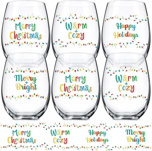 Miniatura 7 de Umigy Juego de 6 copas de vino sin tallo de invierno, 12 onzas, vasos de vino de invierno, divertidos vasos de copa para reuniones festivas