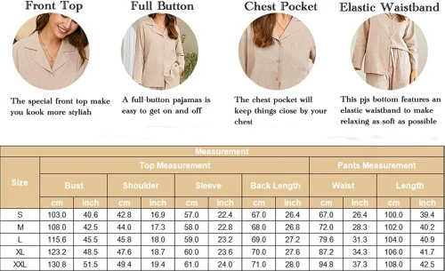 Miniatura 6 de Ekouaer Conjunto de pijama de dos piezas para mujer de lino y algodón con botones de manga larga con bolsillo S-XXL