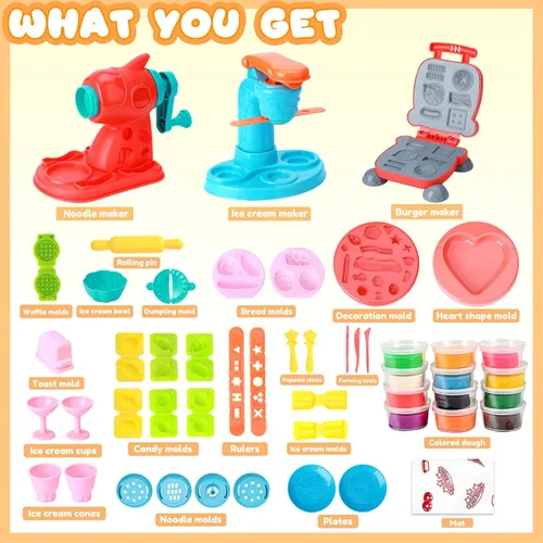 Miniatura 6 de Crelloci Juego de creaciones de cocina de masa de colores 3 en 1, máquina para hacer helados, espaguetis y hamburguesas, juguetes de modelado