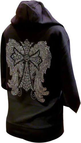 Miniatura 3 de Sudadera con capucha negra y plateada con diseño de cruz y alas de ángel, con cremallera negra