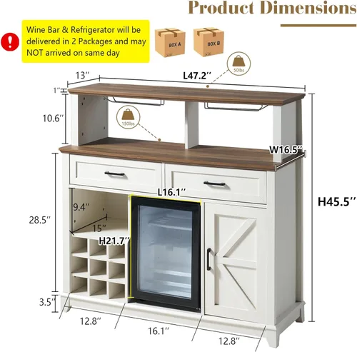 Miniatura 7 de LUXOAK Gabinete de Bar de Café Estilo Granja con Refrigerador Enfriador de Bebidas, Gabinete Rústico de Bar de Vino de 47" con Mini Refrigerador