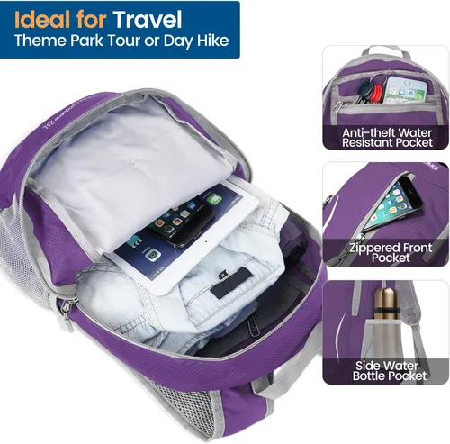 Miniatura 3 de ZOMAKE Mochila Empacable Ultraligera de 25L, Mochilas de Senderismo Plegables Resistentes al Agua Mochila Diurna Plegable Pequeña para Viajes Púrpura