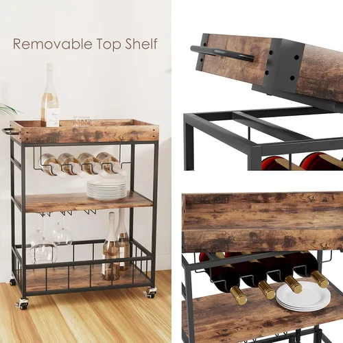 Miniatura 4 de Carro de servicio para bar con soporte para vino de 3 niveles para el hogar, con ruedas, móvil, estilo industrial vintage, carretilla de servicio
