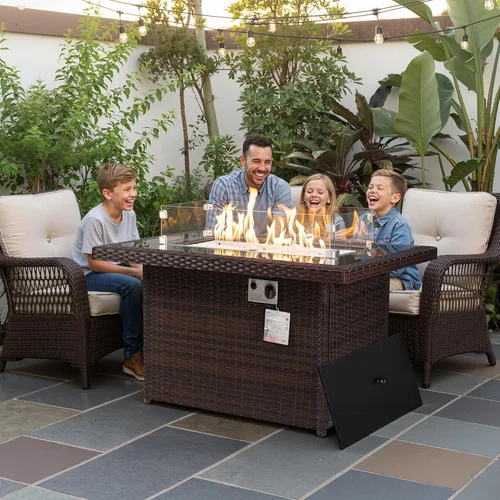 Miniatura 3 de NICESOUL Mesa de Hoguera de Mimbre para Exteriores de Gas Natural/Propano, Mesa de Hoguera Rectangular de 43'' para Exteriores, Mesas de Chimenea