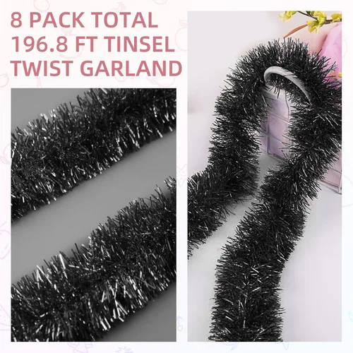 Miniatura 4 de Guirnalda de oropel negro de 200 pies, guirnalda de oropel de Navidad, decoración de árbol de Navidad, pancarta metálica para árbol de Navidad, Año