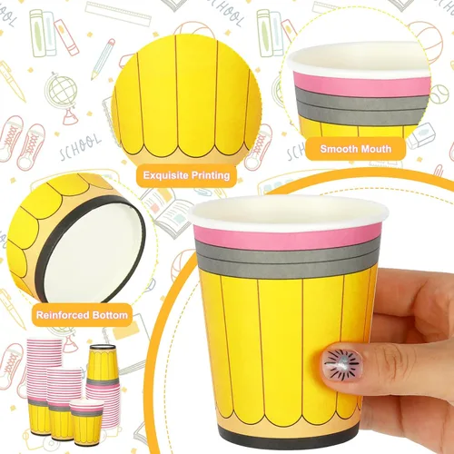 Miniatura 3 de Whaline 50 vasos de papel para el regreso a la escuela, 9 onzas, diseño de lápiz amarillo, tazas desechables para café, té, aperitivos, aula, primer