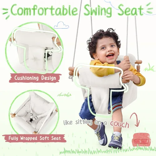 Miniatura 2 de Columpio para bebé para interiores y exteriores, asiento de columpio de lona y madera seguro para niños pequeños, arnés de seguridad ajustable de 3