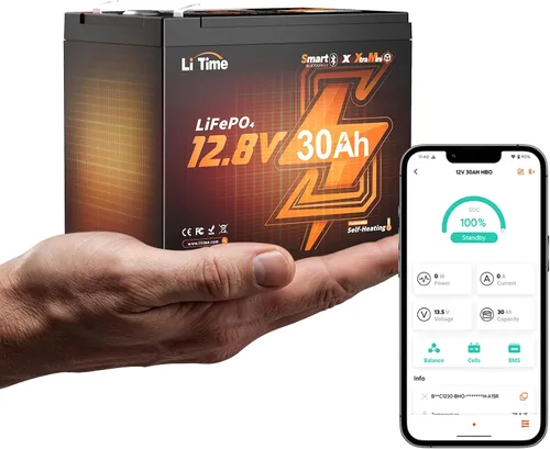 LiTime Batería portátil LiFePO4 de pesca en hielo de 12 V 30 Ah y Bluetooth, mini batería de litio autocalentable de 12 voltios, ciclo profundo de