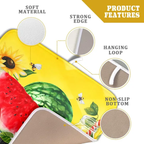 Miniatura 4 de Tapete de Secado de Platos de Sandía de Verano de Microfibra, Tapetes Escurridores de Platos de Cuadros de Búfalo de Limón Amarillo 16x18 Pulgadas