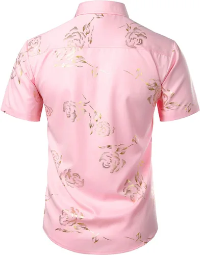 Miniatura 2 de ZEROYAA - Camisas de vestir de manga corta con estampado de rosa dorada para hombre, estilo hipster, calce ajustado, con botones