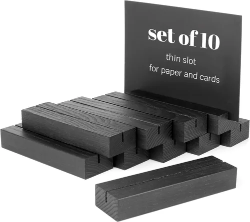 Paquete de 10 soportes de madera para tarjetas de lugar, soportes de madera negra para números de mesa, soporte para tarjetas de nombre, soportes de