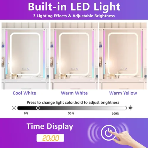 Miniatura 3 de Fameill Tocador Blanco con Espejo, Tocador de Maquillaje con Luces RGB y Regleta de Enchufes, Mesa Tocador de Maquillaje con 5 Cajones Mucho