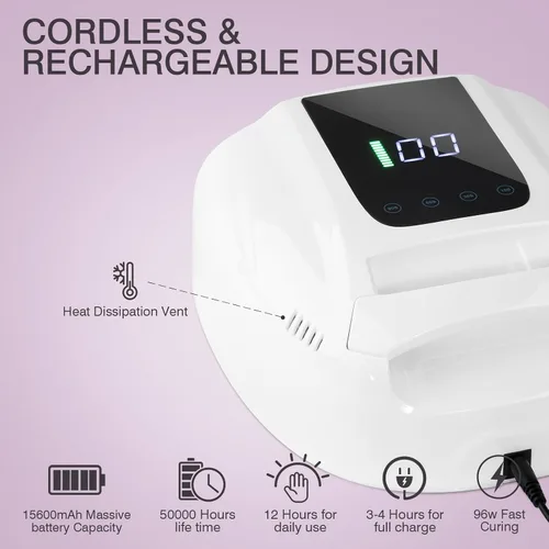 Miniatura 5 de Lámpara de uñas LED UV recargable, secadora de uñas inalámbrica de 96 W, luz de curado de esmalte de uñas de gel UV inalámbrico con 42 cuentas LCD