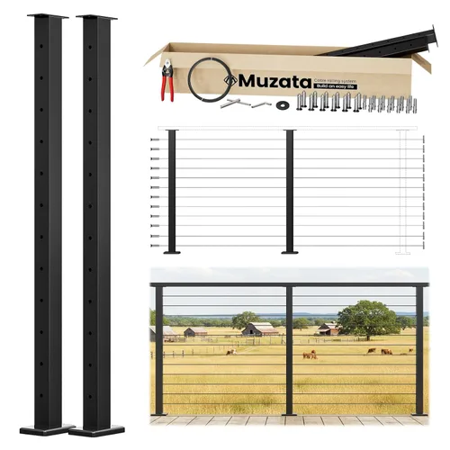 Muzata Kit de barandilla de cable modular negro de 4 a 8 pies, kit de postes de 42 pulgadas, juego completo de sistema de barandilla de cable para