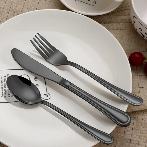 Miniatura 3 de LIANYU Juego de cubiertos negros de 12 piezas para niños pequeños, de acero inoxidable, para 4 personas, incluye cuchillo y tenedor, cuchara