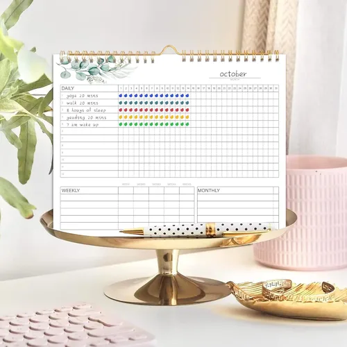 Miniatura 5 de Calendario de seguimiento de hábitos – 12 meses sin fecha, diario, semanal y mensual, diario de seguimiento de hábitos, flores verdes