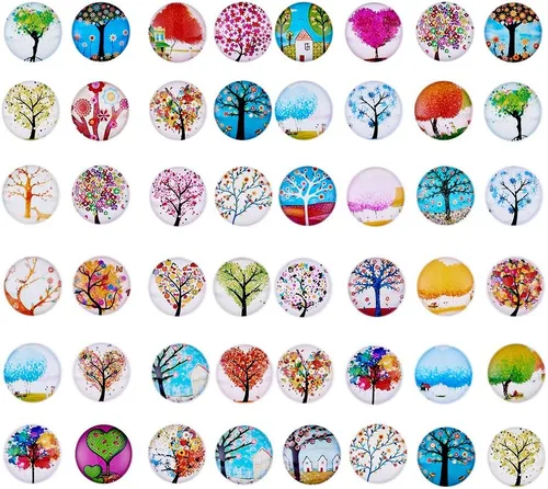 Miniatura 11 de Craftdady 200 unidades de cabujones de cristal con estampado de flores azules y blancas de 0.394 in con parte trasera plana media redonda