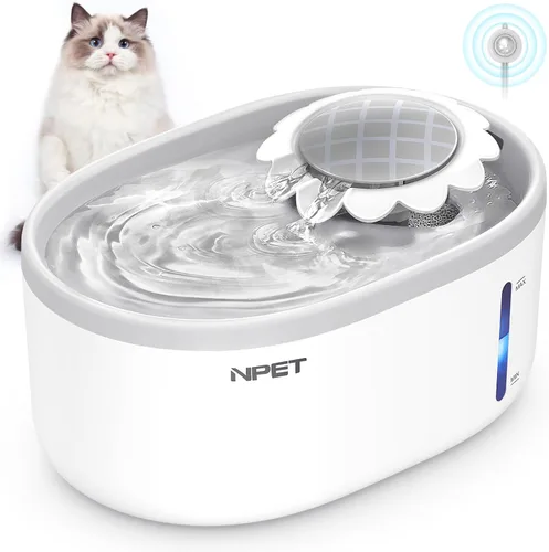 NPET Fuente de agua para gatos con ventana visible del nivel de agua, gris y blanco, 2 l/67 oz, fuente de agua automática para mascotas con bomba