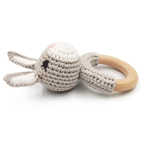 Miniatura 2 de Joliecraft Juguete de Sonajero de Madera Natural para Bebé, Suave Sacudidor con Anillo para Dentición para Lactantes, Conejo Gris