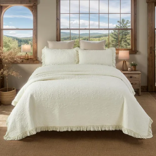 Miniatura 13 de Brandream Juego de Edredón Tamaño Queen de Algodón Beige con Estampado Floral y Enredaderas Matelassé Juego de Colcha con Volantes 3 Piezas