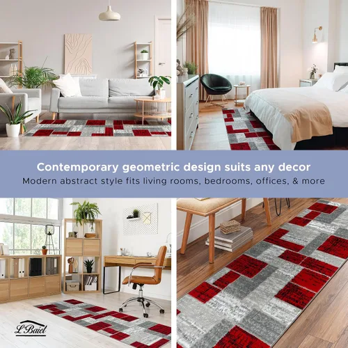 Miniatura 5 de L'Baiet Verena - Alfombra geométrica roja y gris de 8 x 10 pies, alfombra de área grande para sala de estar, dormitorio, mesa de comedor, oficina