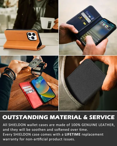 Miniatura 9 de SHIELDON Funda para iPhone 13 Pro Max 5G, cartera de cuero genuino tipo folio magnética con amortiguación de golpes, bloqueo RFID, tarjetero, Marrón
