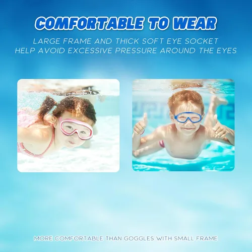 Miniatura 4 de KAILIMENG Gafas de natación para niños, paquete de 2 gafas de natación para edades de 3 a 15 años, antivaho y anti-rayos UV Cear de visión amplia