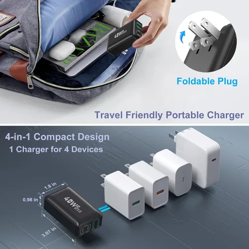 Miniatura 5 de OKRAY - Bloque de carga USB C plano de 40 W, 4 puertos tipo C, enchufe de pared plegable de ladrillo de carga rápida, PD3.0 y QC3.0, adaptador