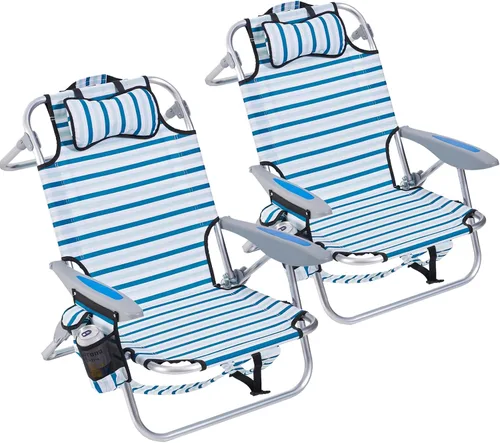 Miniatura 8 de Paquete de 2 sillas reclinables portátiles ligeras para adultos, sillas de playa plegables planas al aire libre con 5 posiciones, silla de playa
